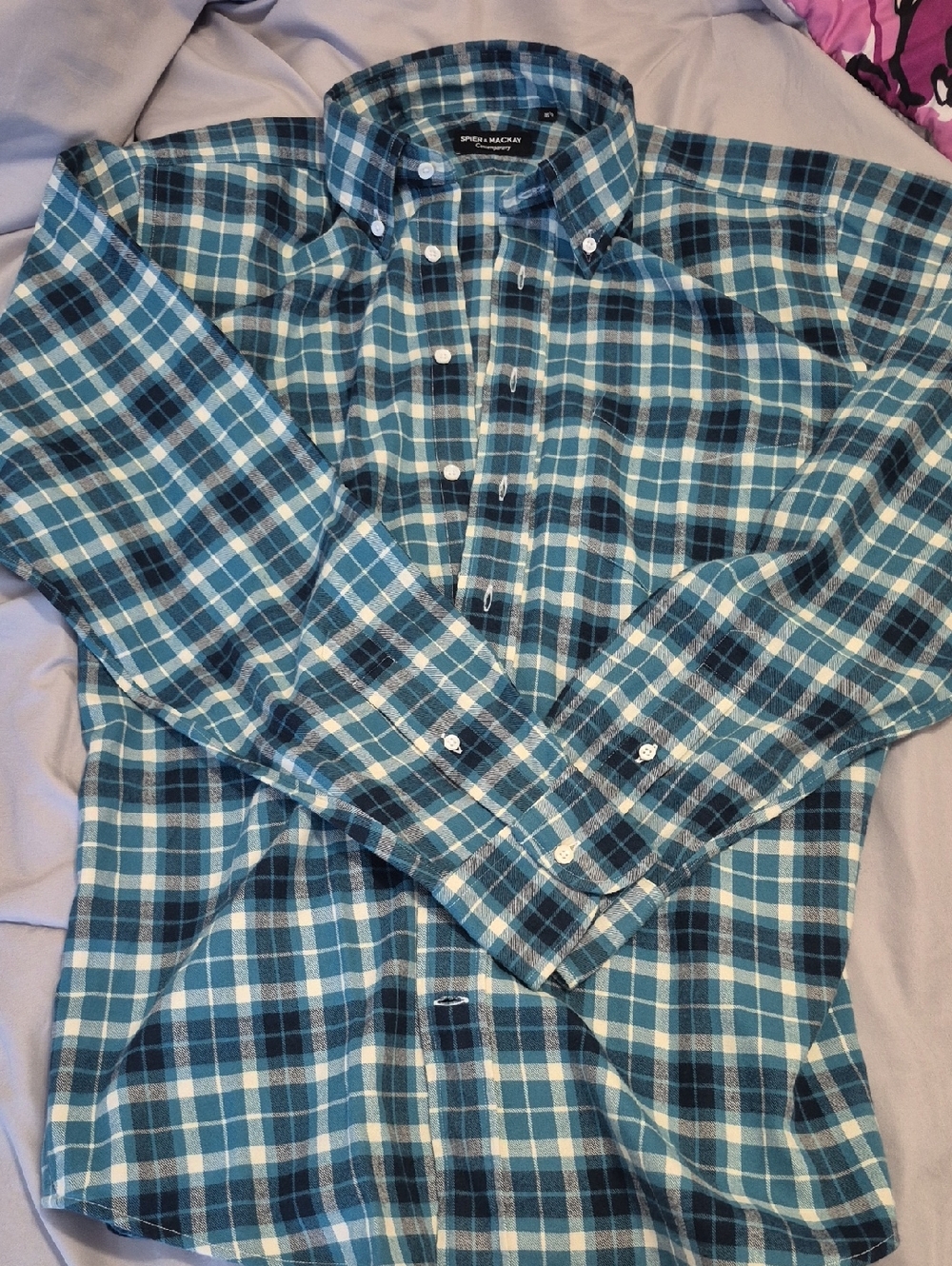 Spier & Mackay Teal Plaid Flannel Button-Down Shirt for Men Size 16 1/2
